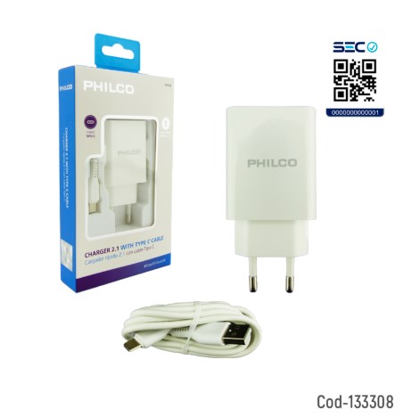CARGADOR  PHILCO 2 USB + CABLE TIPO C, 2.1 AMP, R2109.